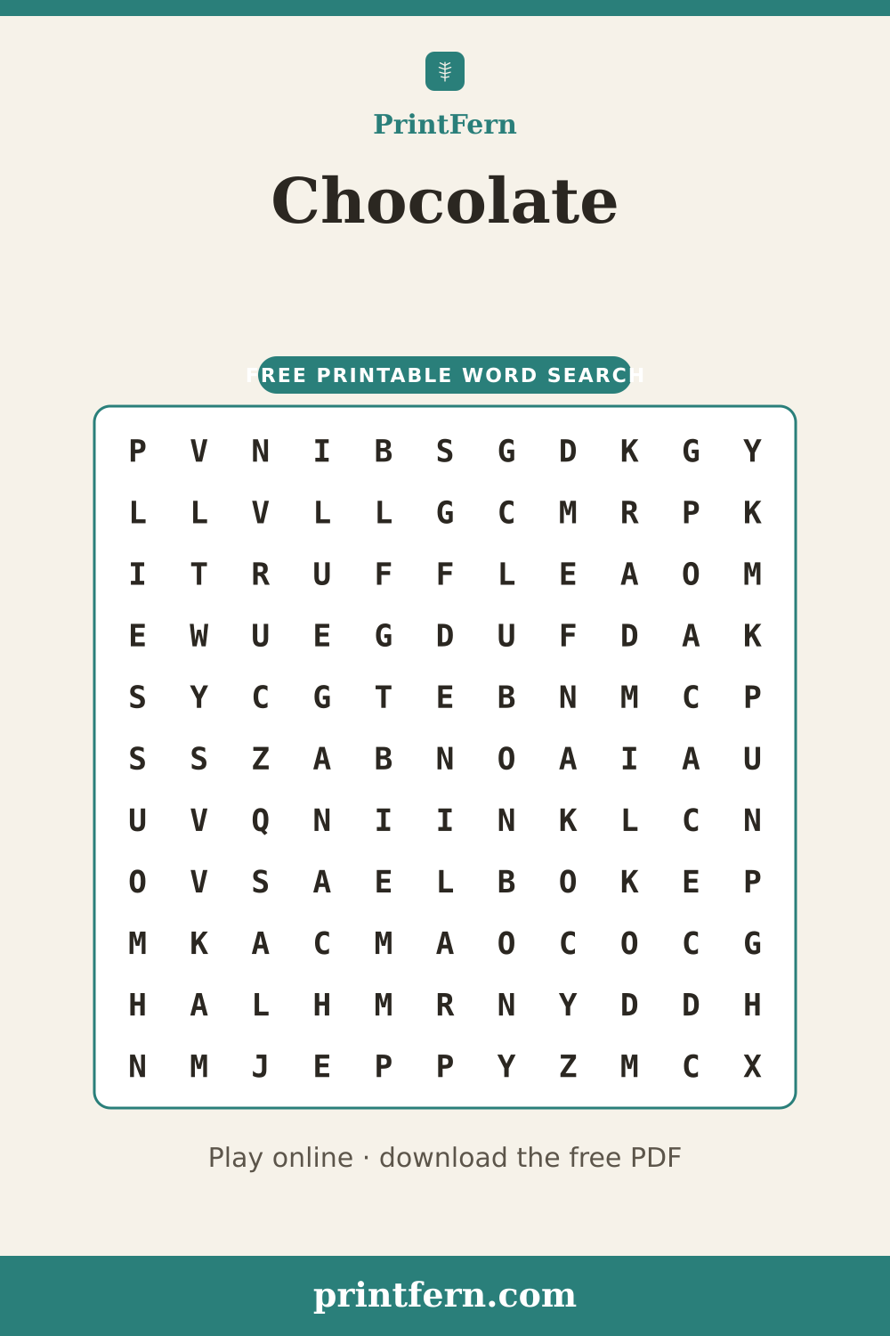 Chocolate Word Search, free printable PDF preview