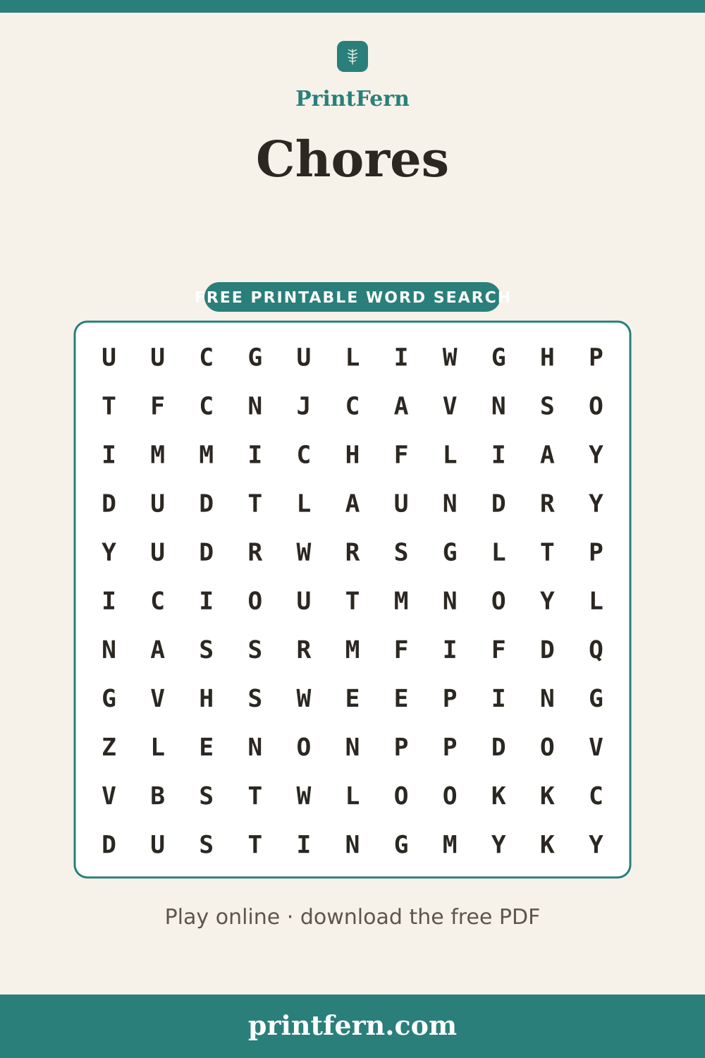 Chores Word Search, free printable PDF preview