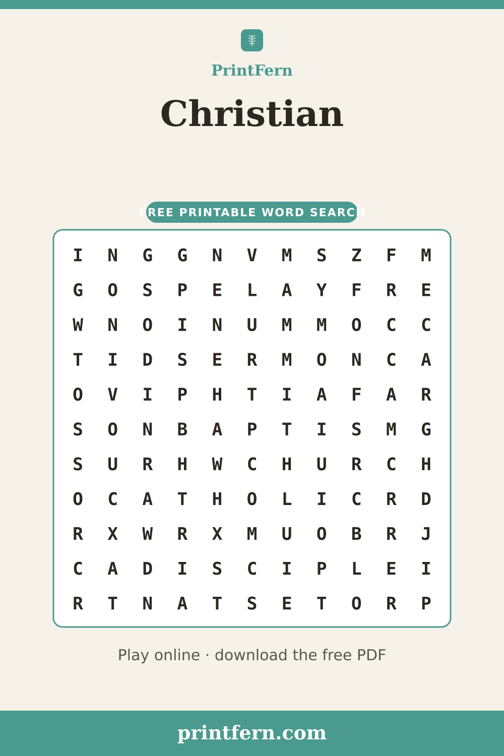 Christian Word Search, free printable PDF preview