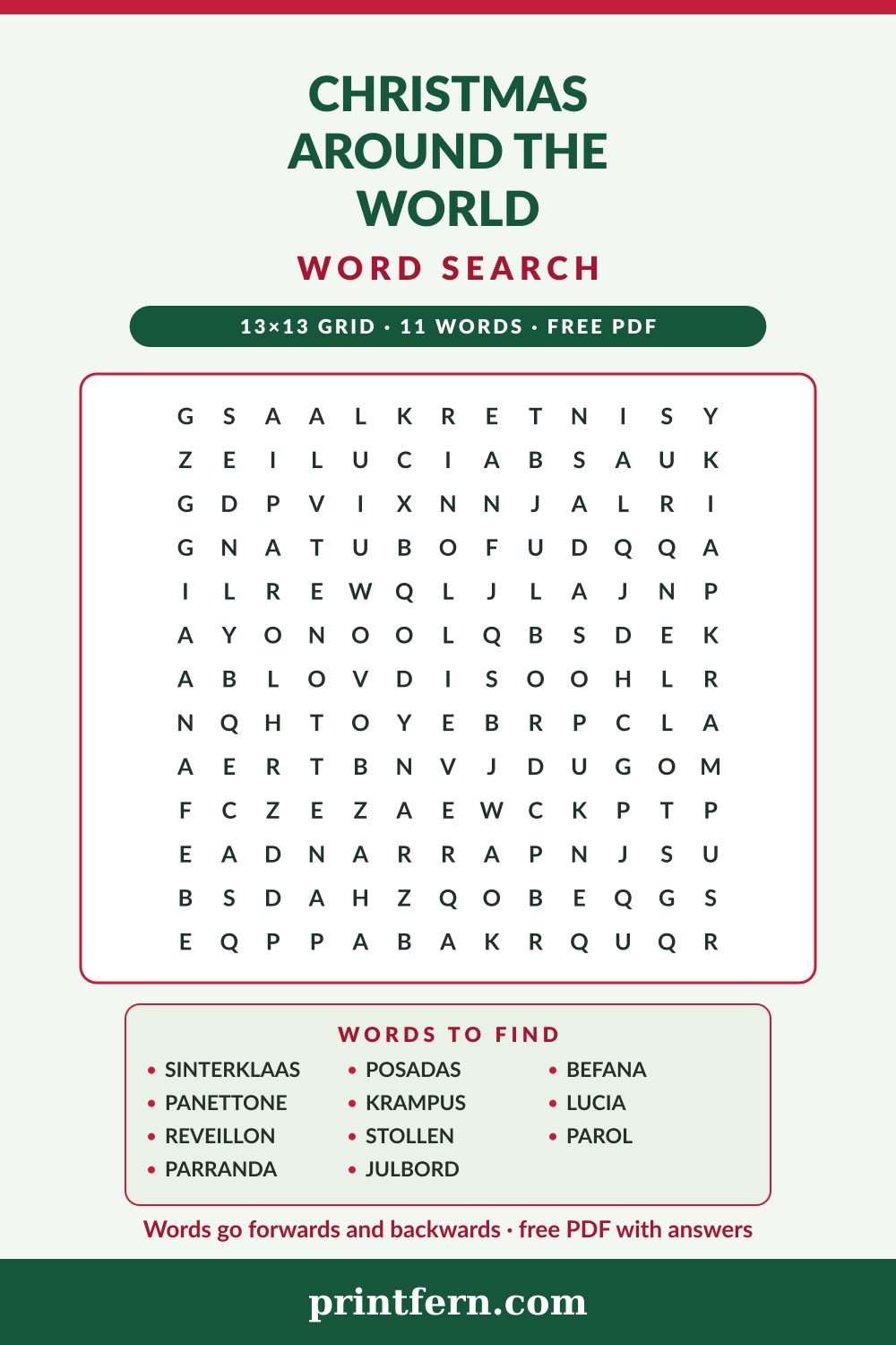 Christmas Around the World Word Search, free printable PDF preview
