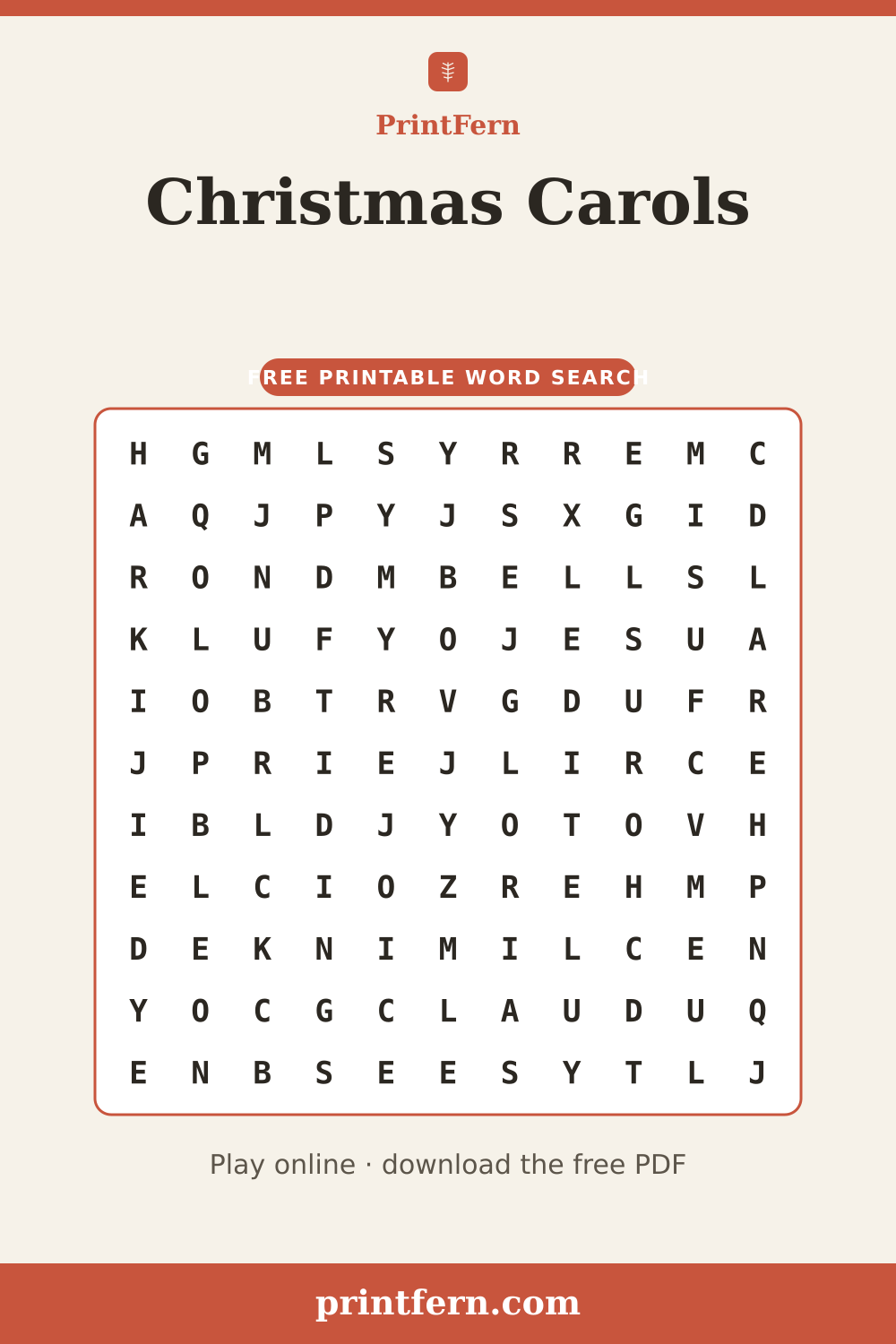 Christmas Carols Word Search, free printable PDF preview