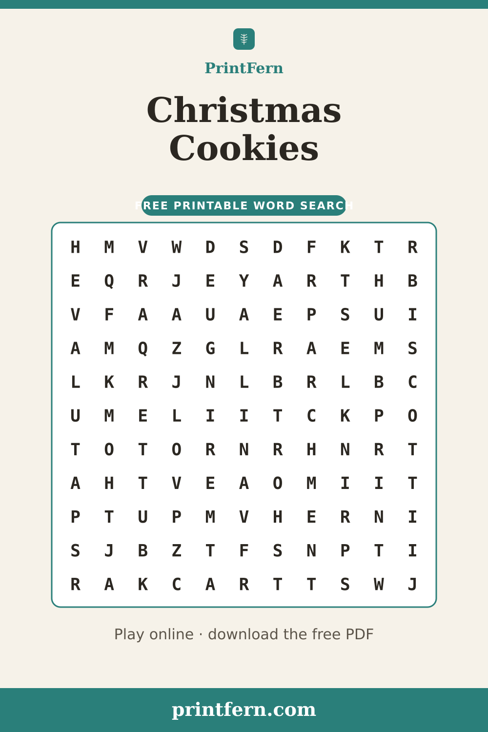 Christmas Cookies Word Search, free printable PDF preview
