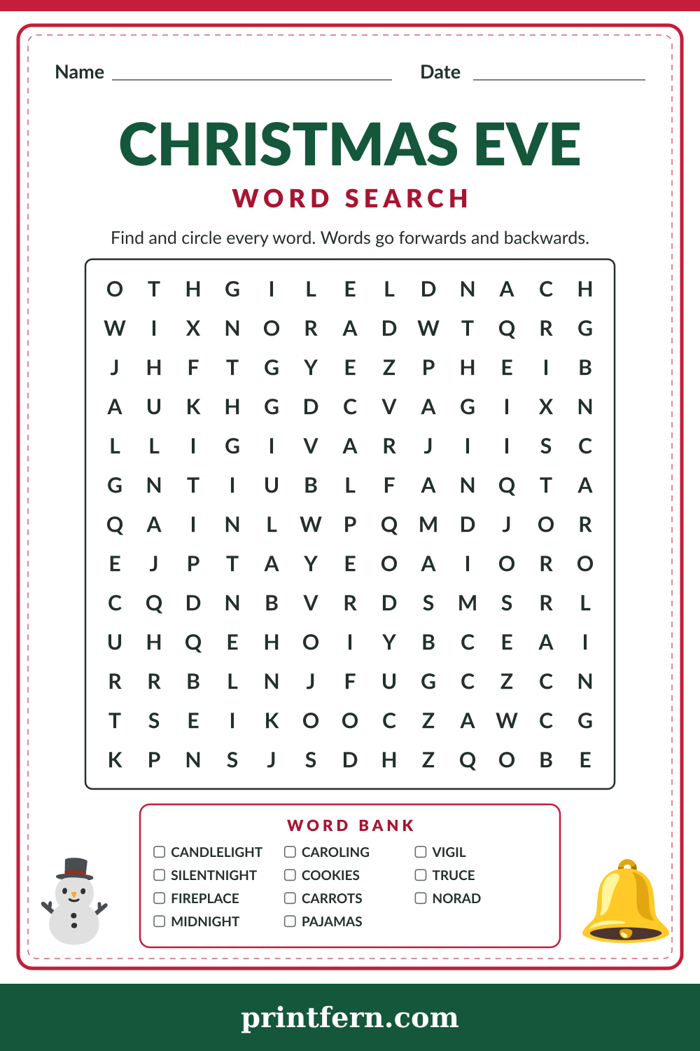 Christmas Eve Word Search, free printable PDF preview