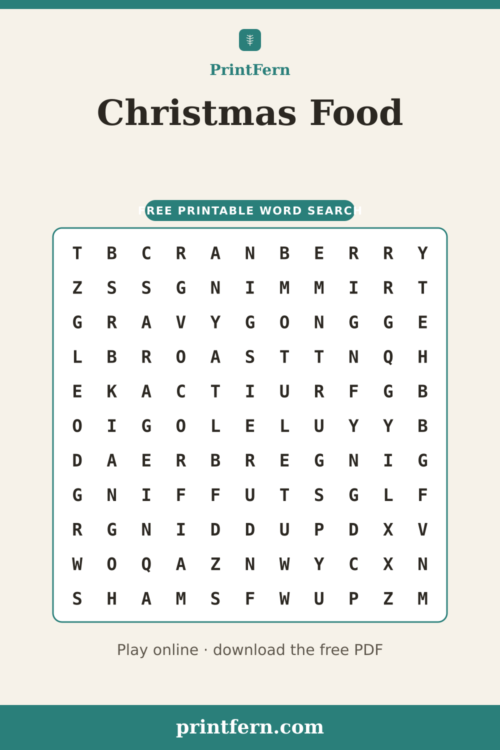 Christmas Food Word Search, free printable PDF preview