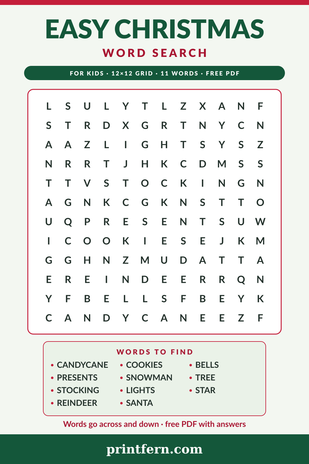 Easy Christmas Word Search, free printable PDF preview