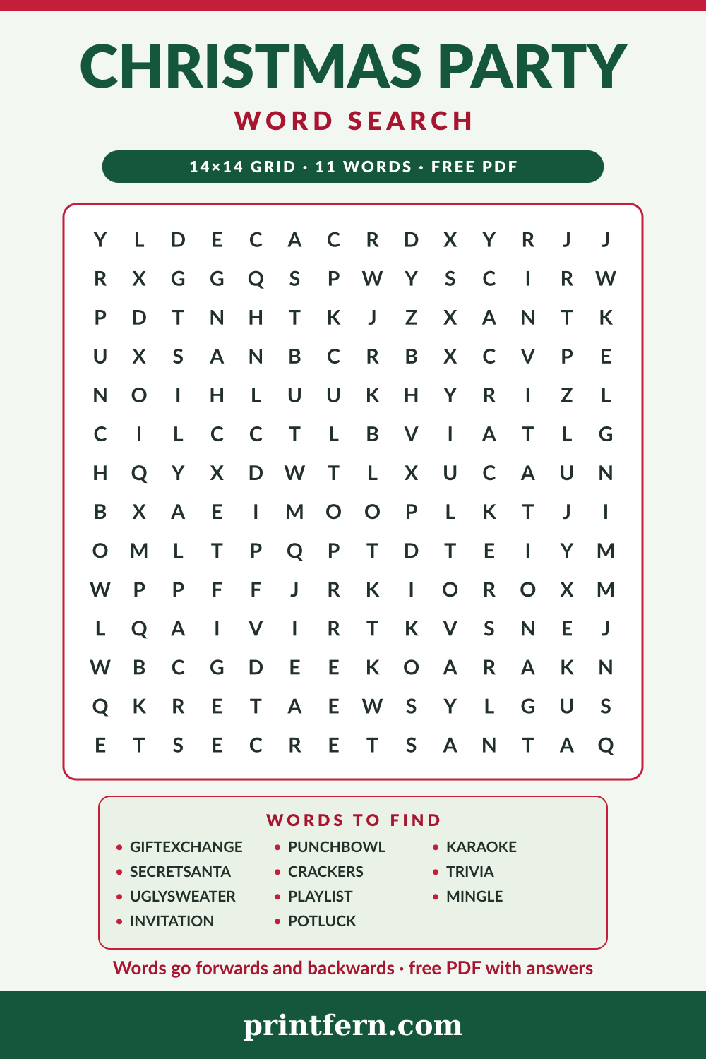 Christmas Party Word Search, free printable PDF preview
