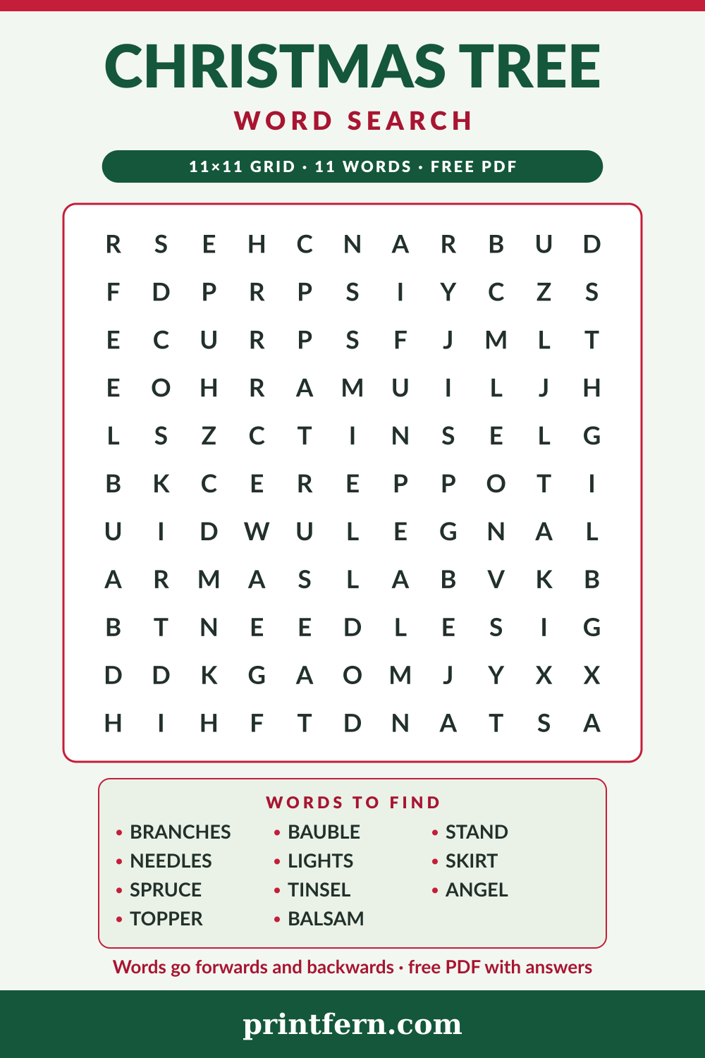 Christmas Tree Word Search, free printable PDF preview