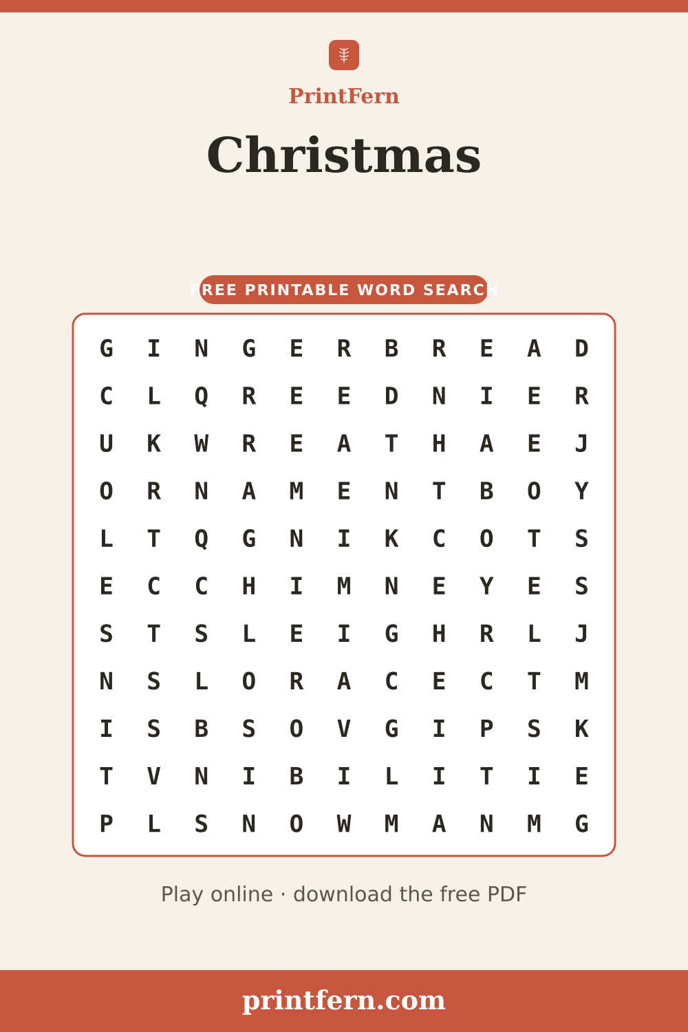 Christmas Word Search, free printable PDF preview