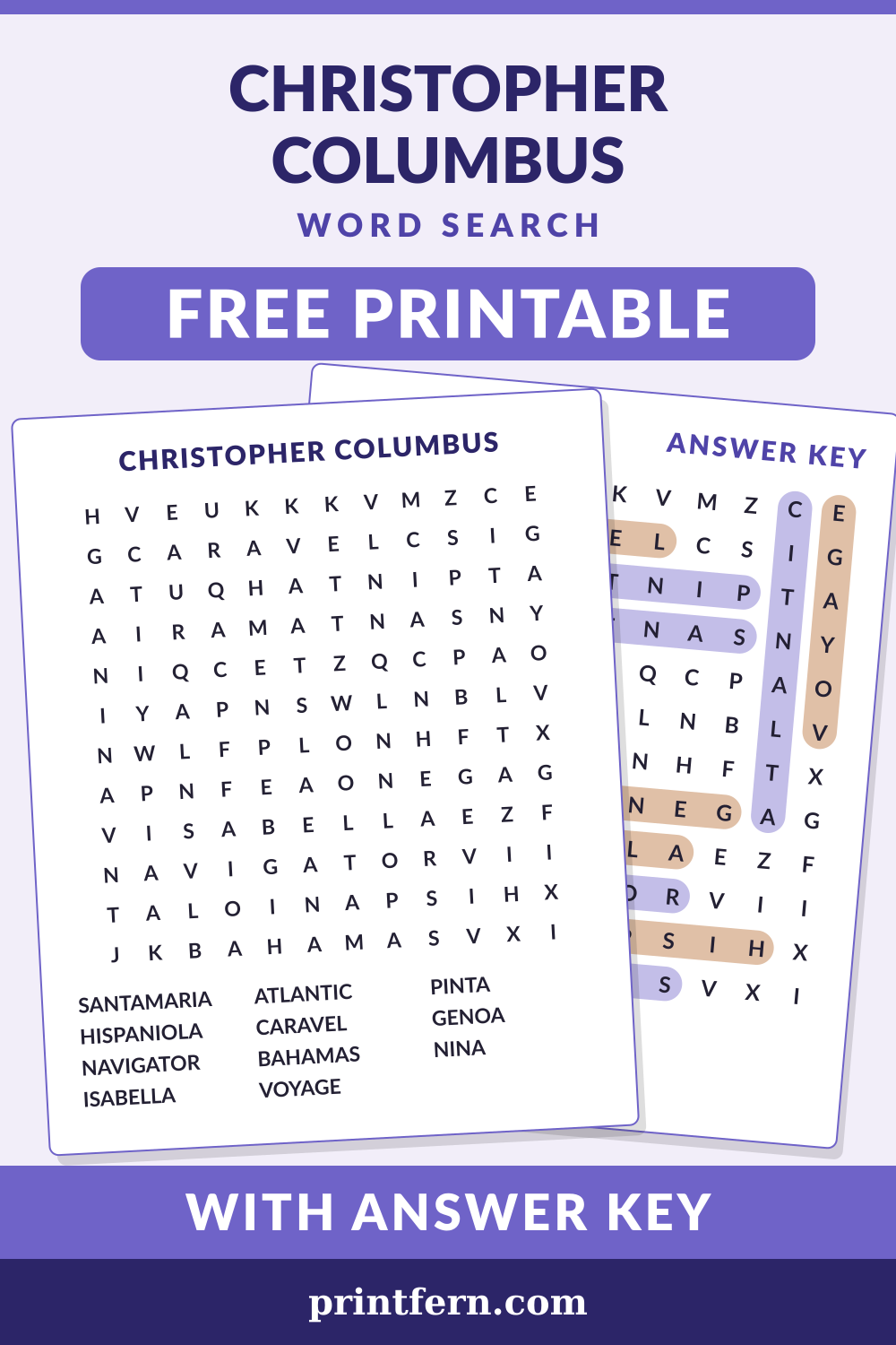 Christopher Columbus Word Search, free printable PDF preview