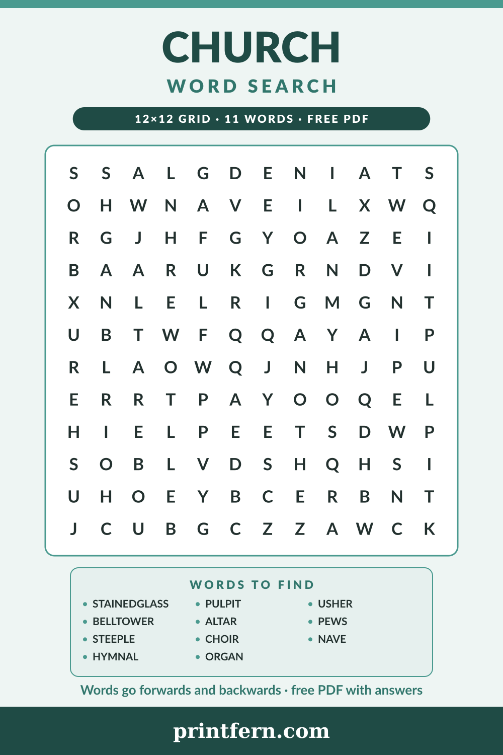 Church Word Search, free printable PDF preview