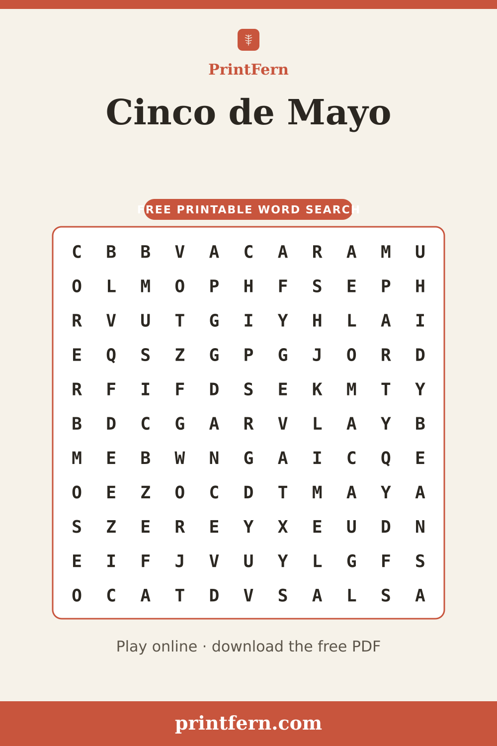 Cinco de Mayo Word Search, free printable PDF preview