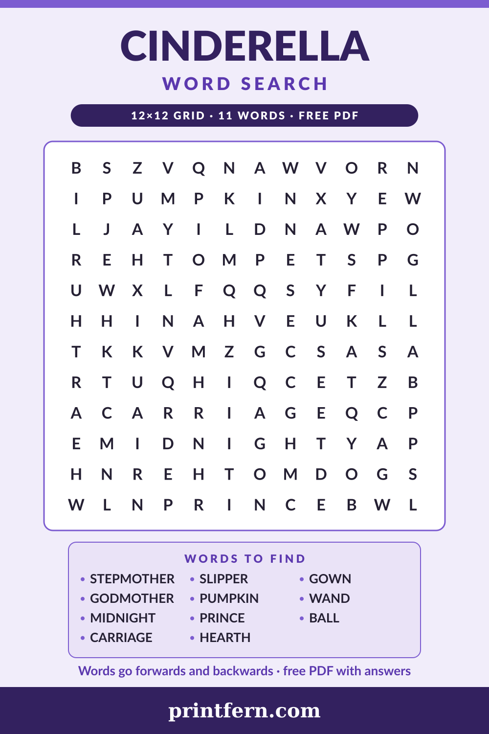 Cinderella Word Search, free printable PDF preview
