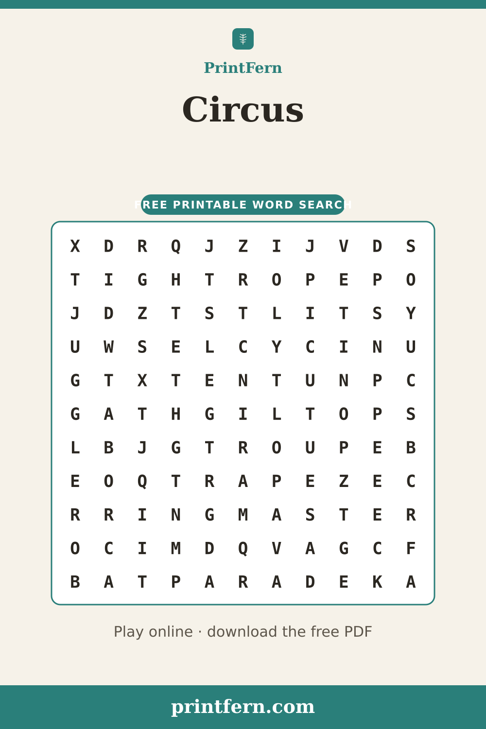 Circus Word Search, free printable PDF preview