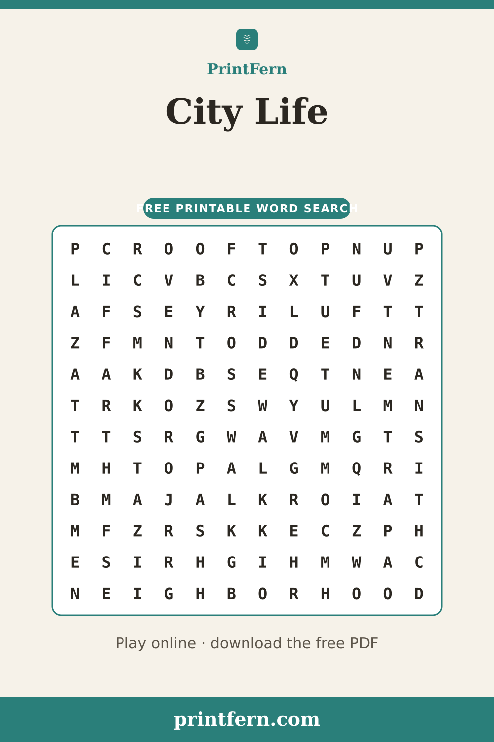 City Life Word Search, free printable PDF preview