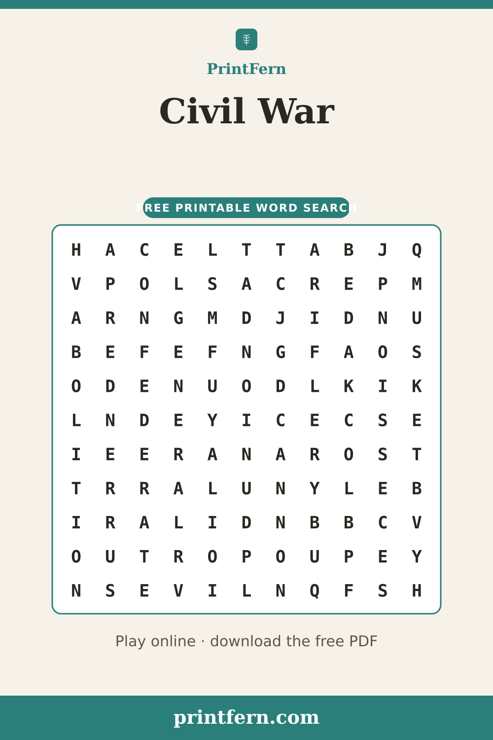 Civil War Word Search, free printable PDF preview