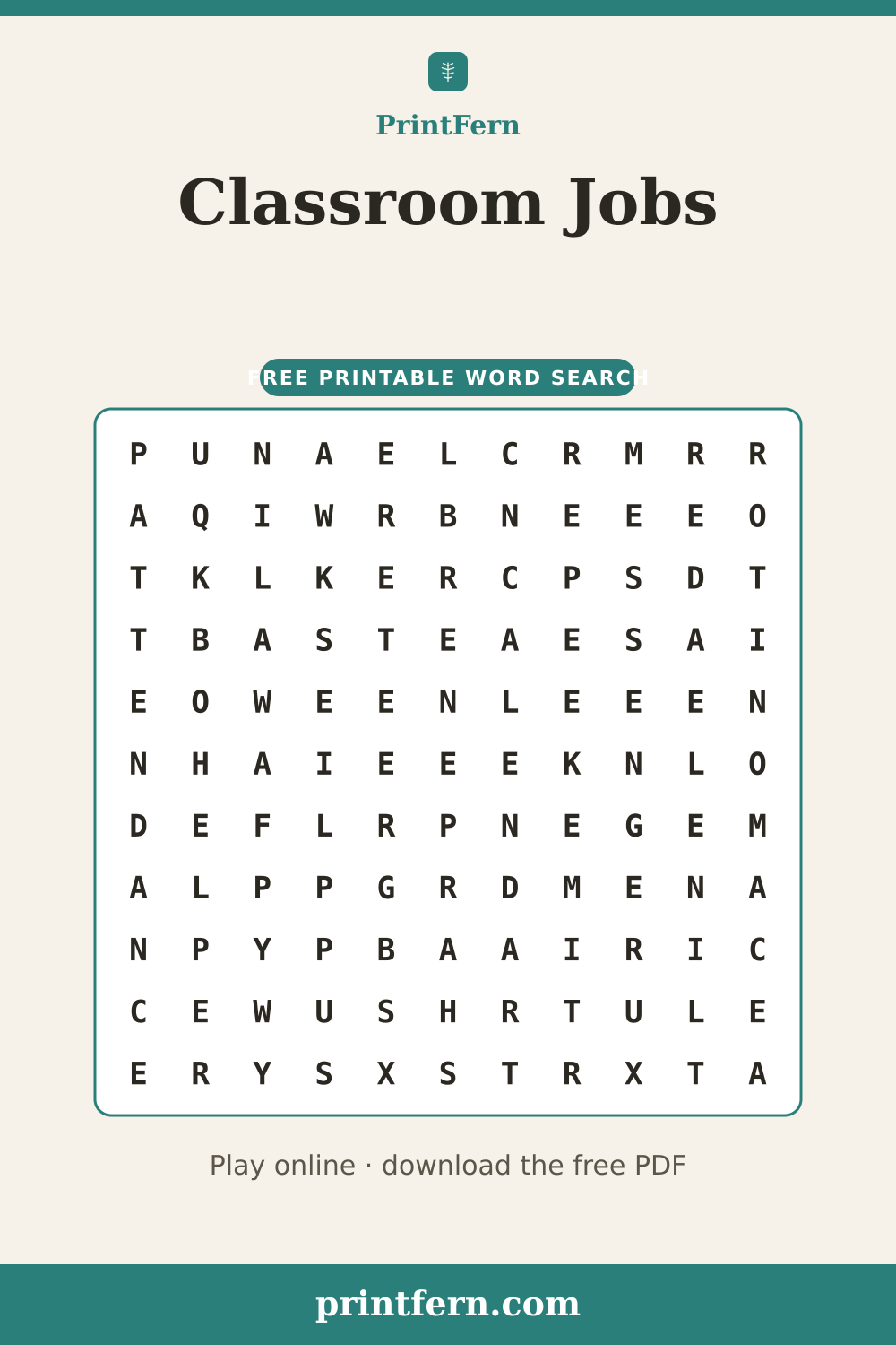 Classroom Jobs Word Search, free printable PDF preview