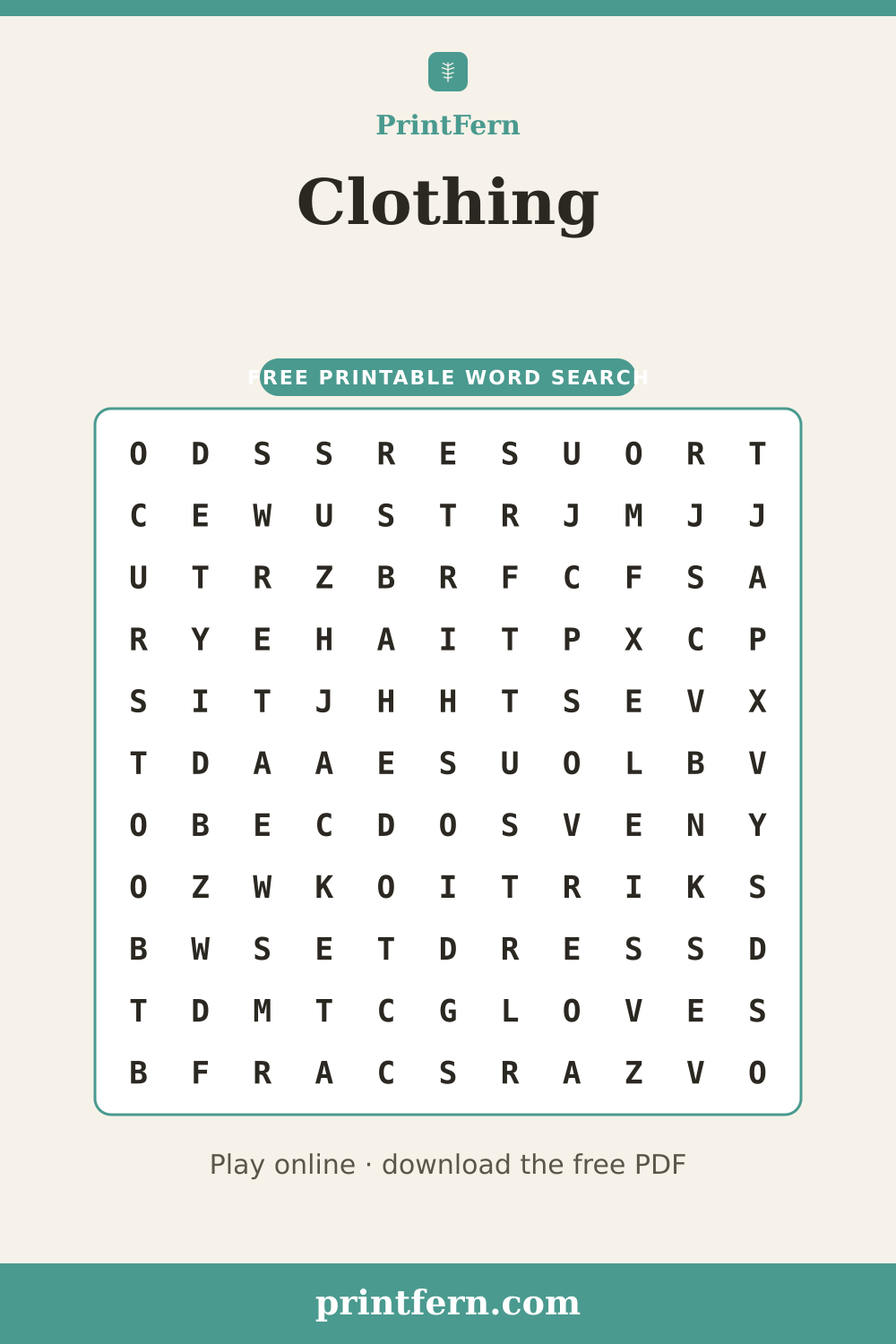 Clothing Word Search, free printable PDF preview
