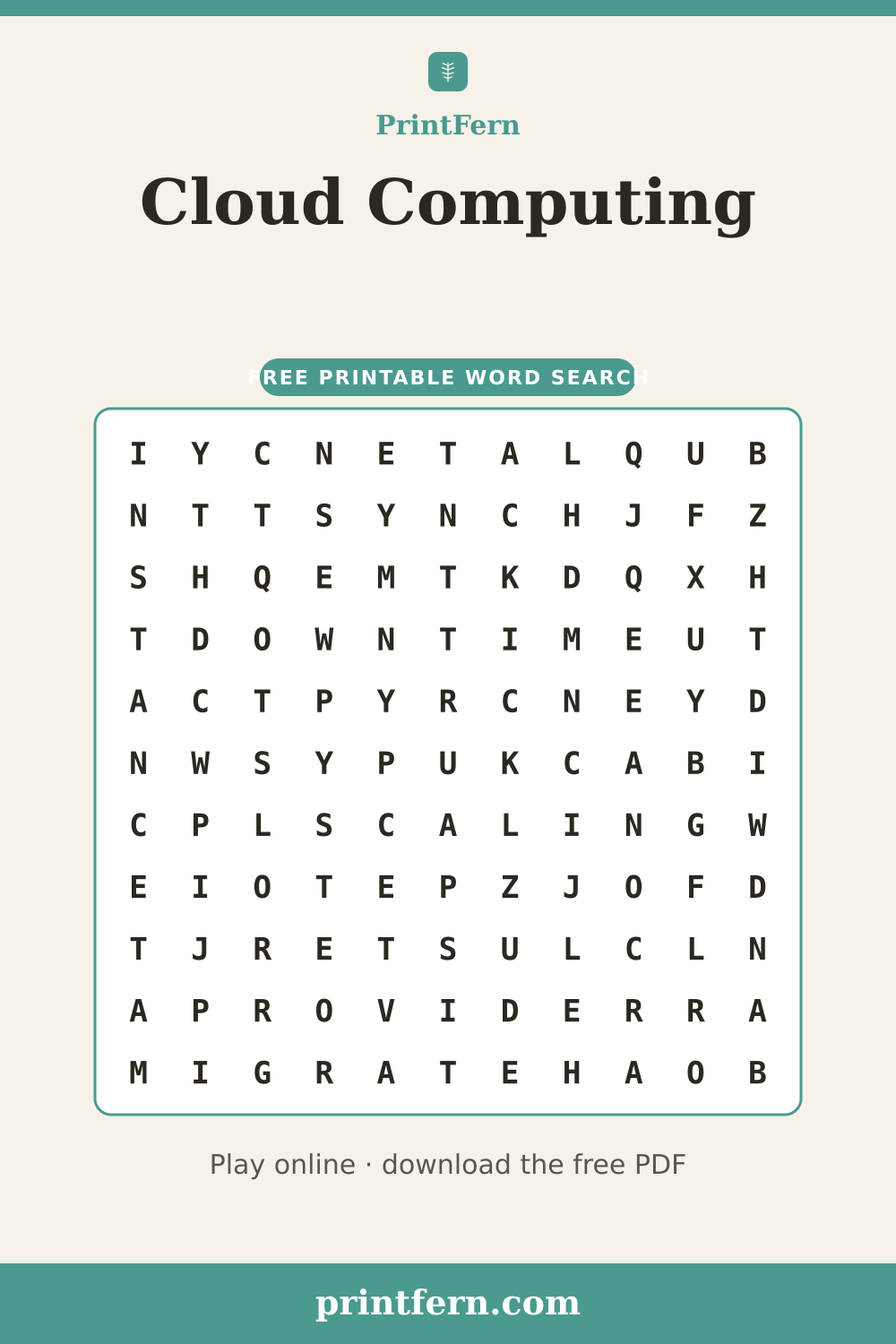 Cloud Computing Word Search, free printable PDF preview