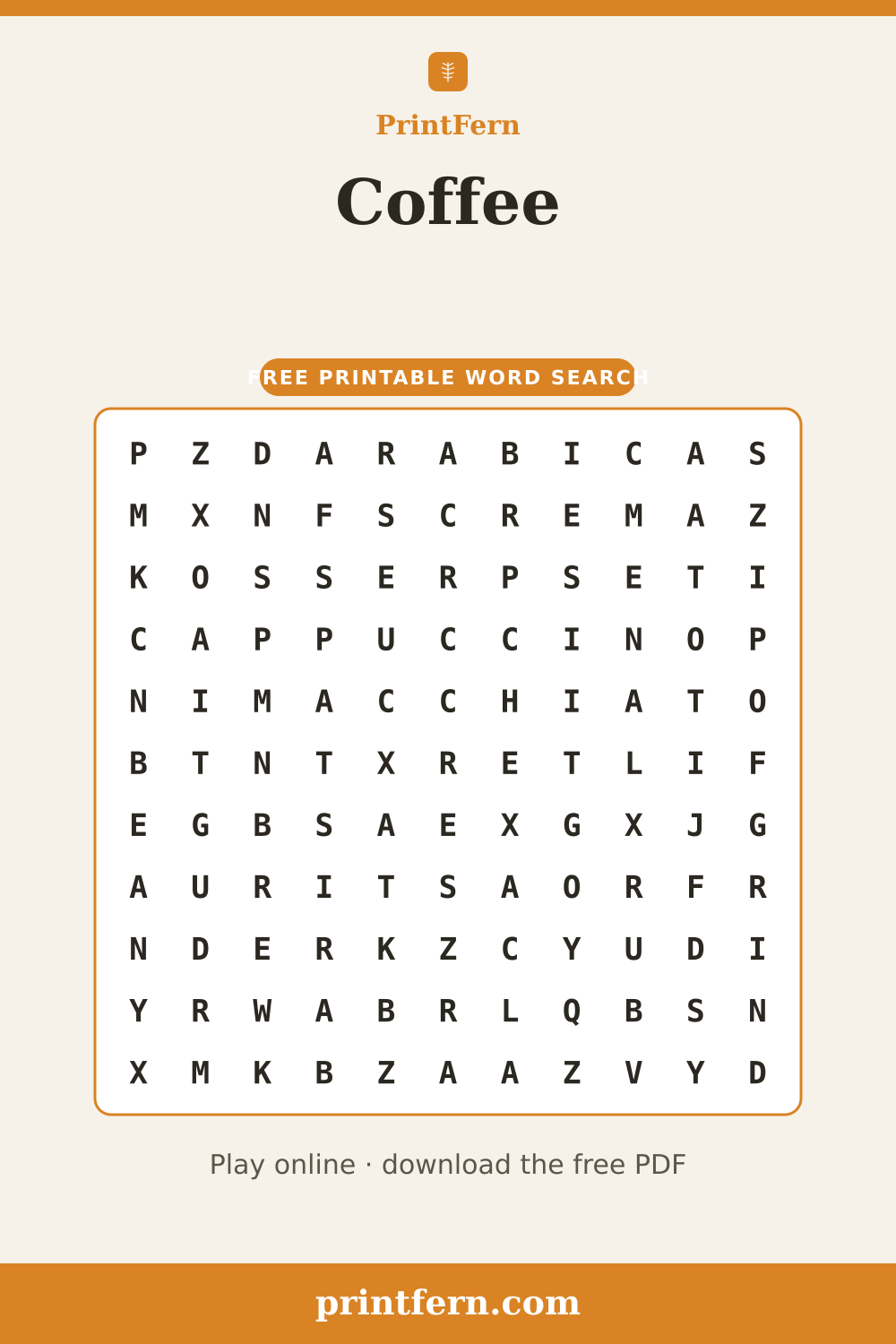 Coffee Word Search, free printable PDF preview