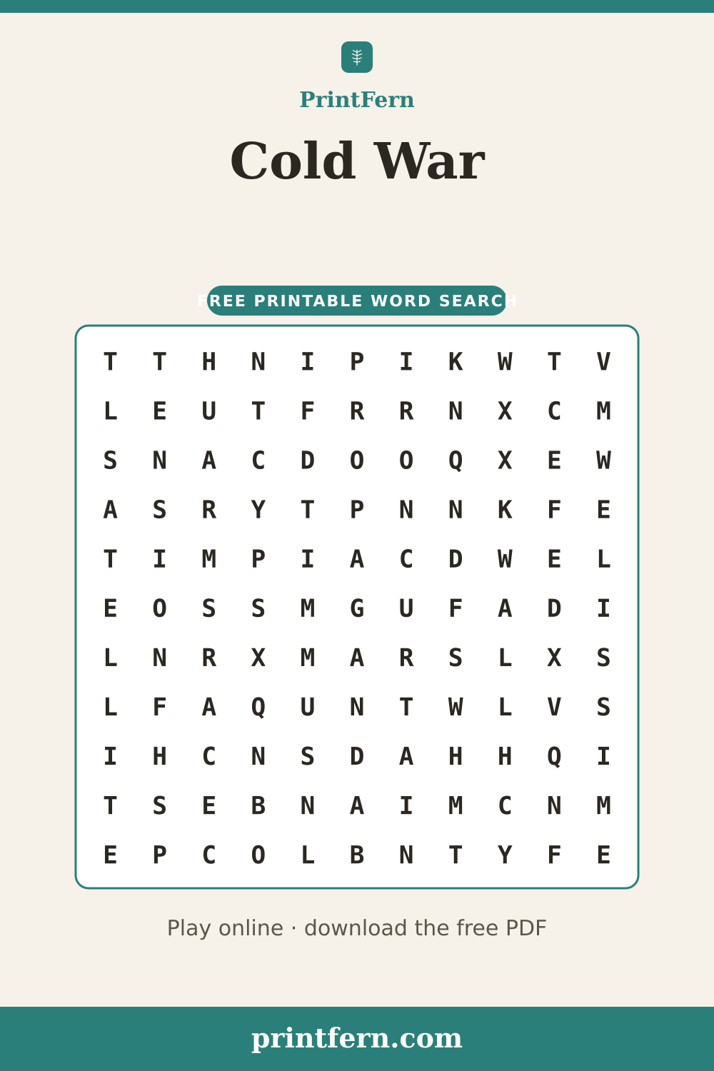 Cold War Word Search, free printable PDF preview