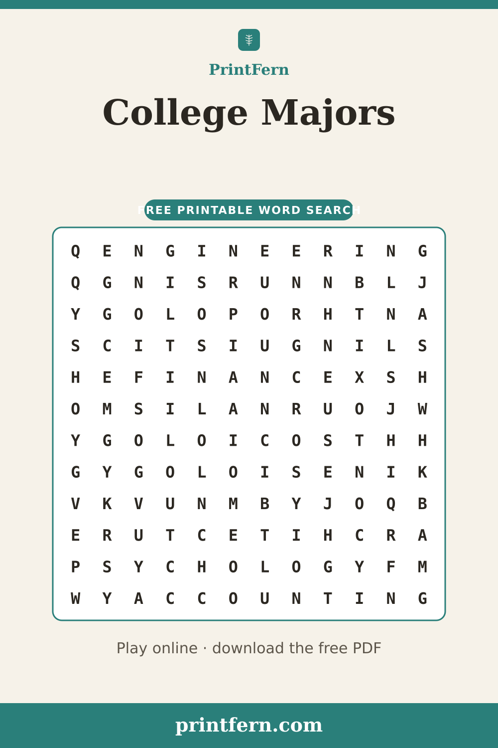 College Majors Word Search, free printable PDF preview