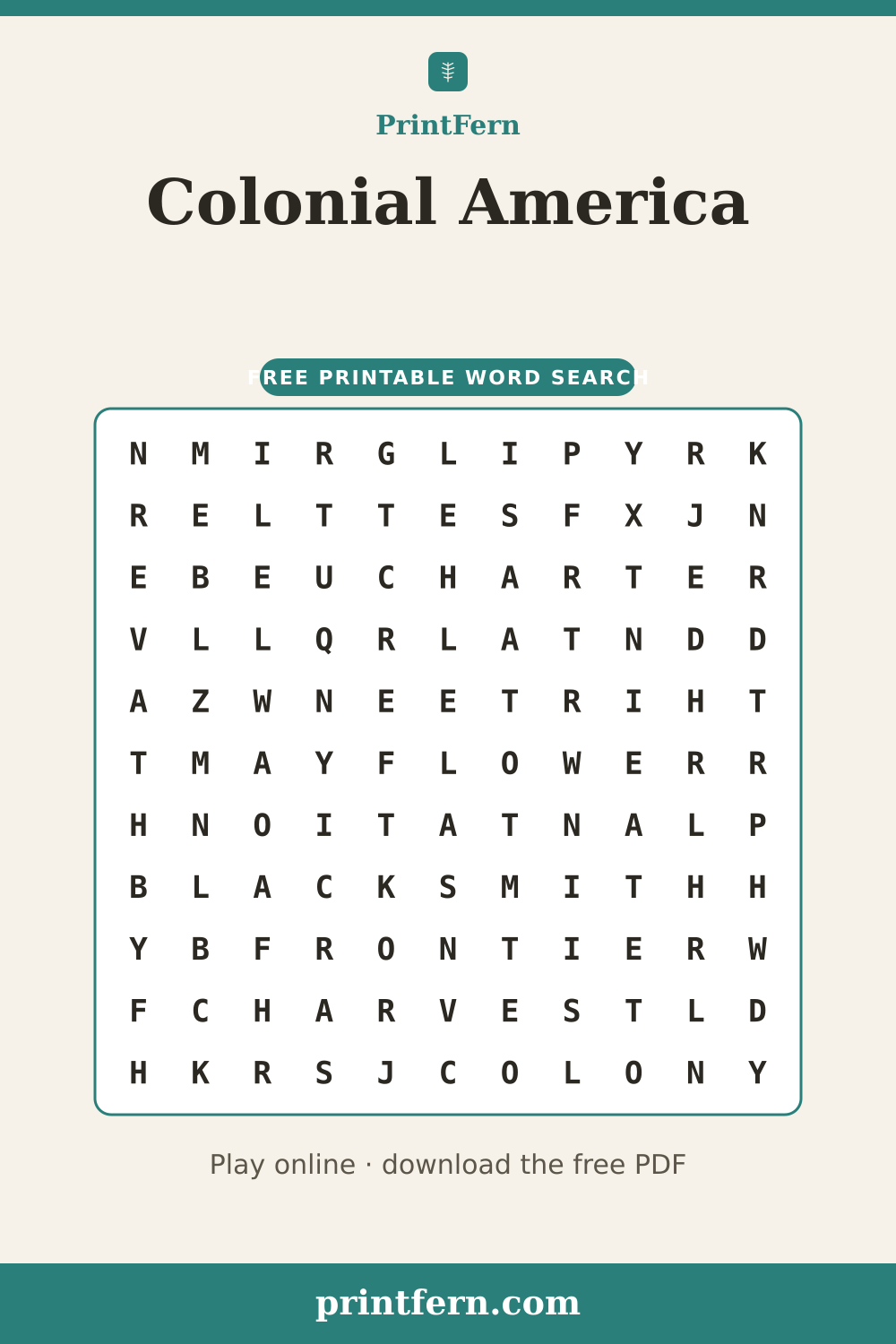 Colonial America Word Search, free printable PDF preview