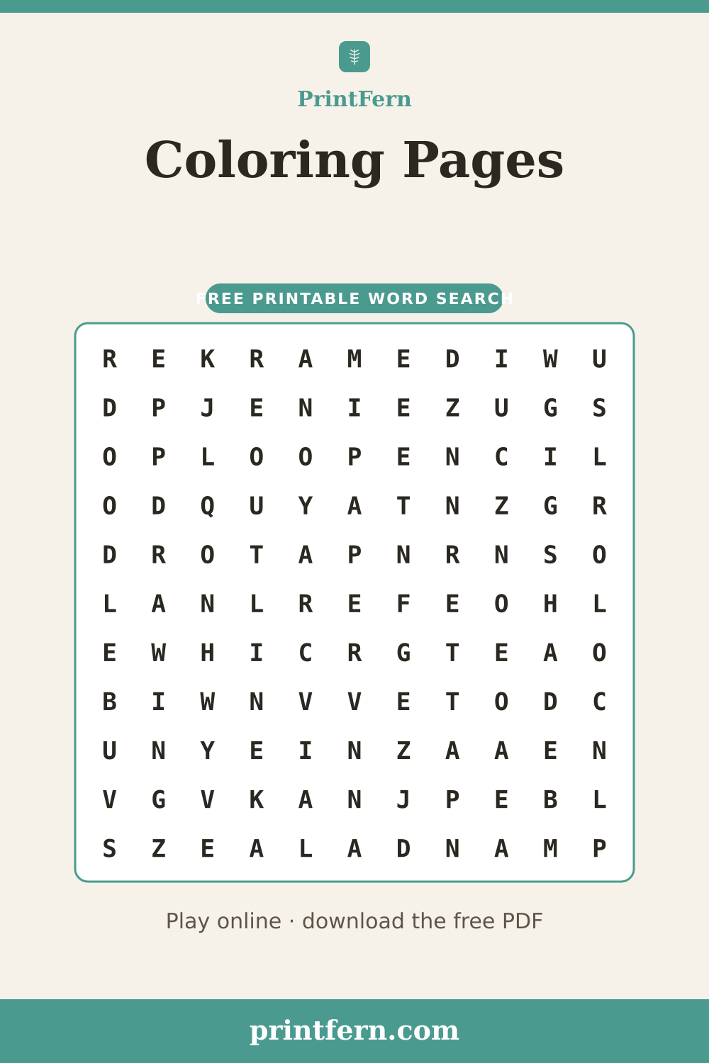 Coloring Pages Word Search, free printable PDF preview