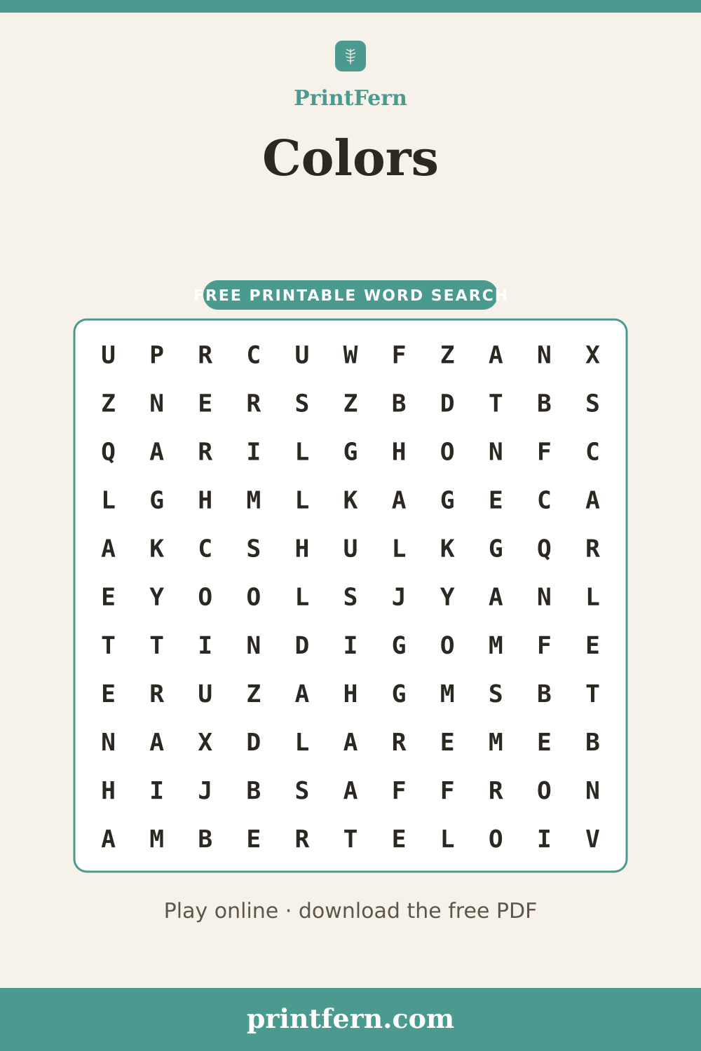 Colors Word Search, free printable PDF preview
