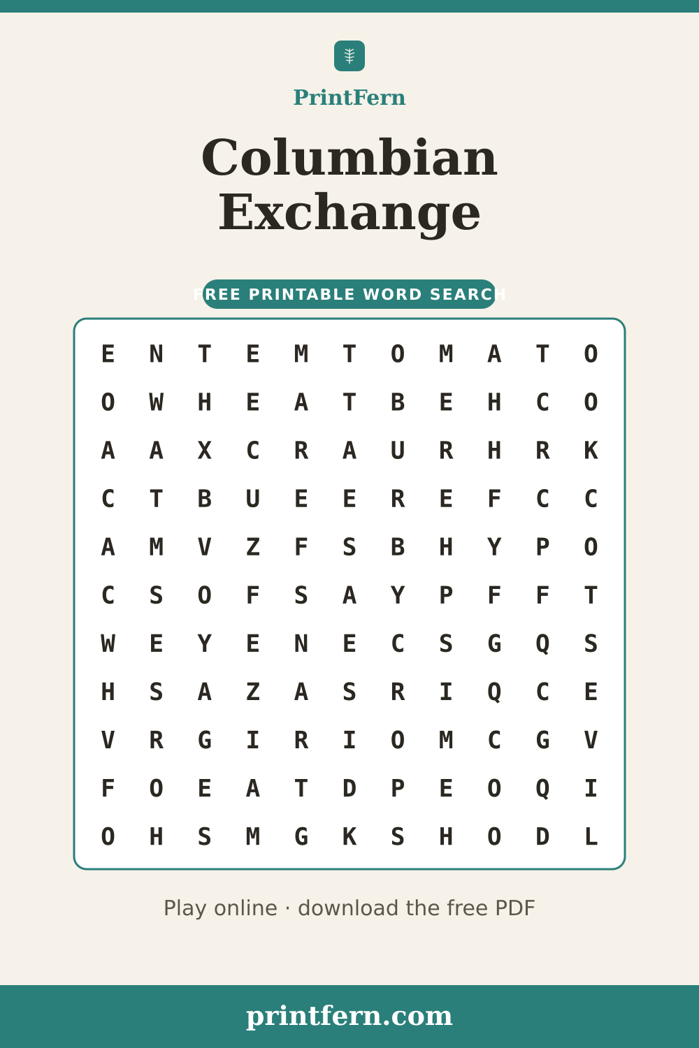 Columbian Exchange Word Search, free printable PDF preview