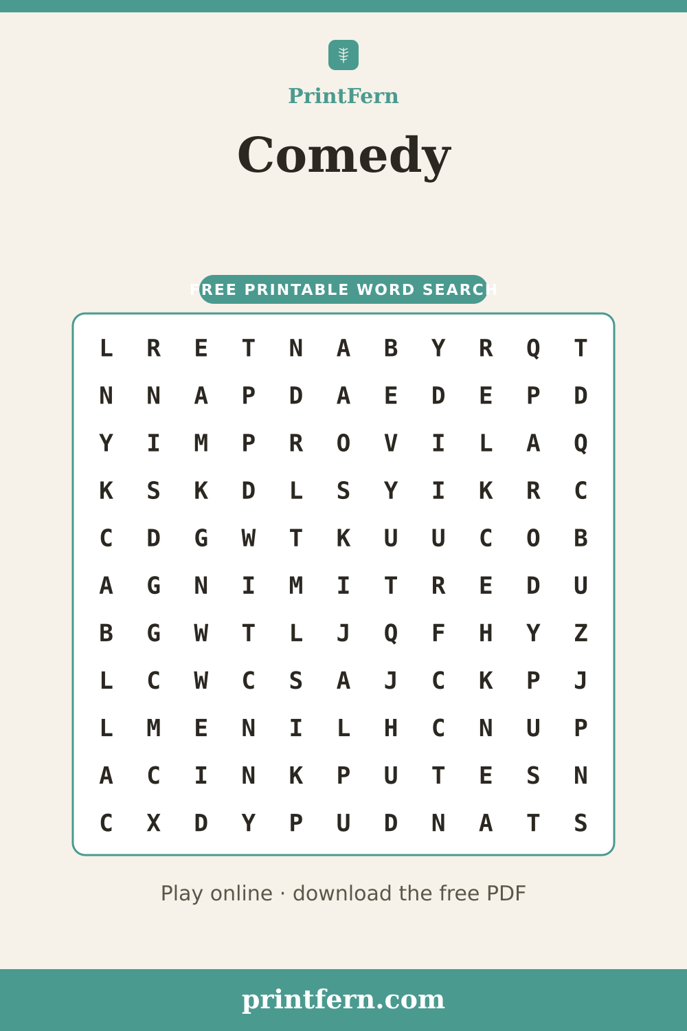 Comedy Word Search, free printable PDF preview