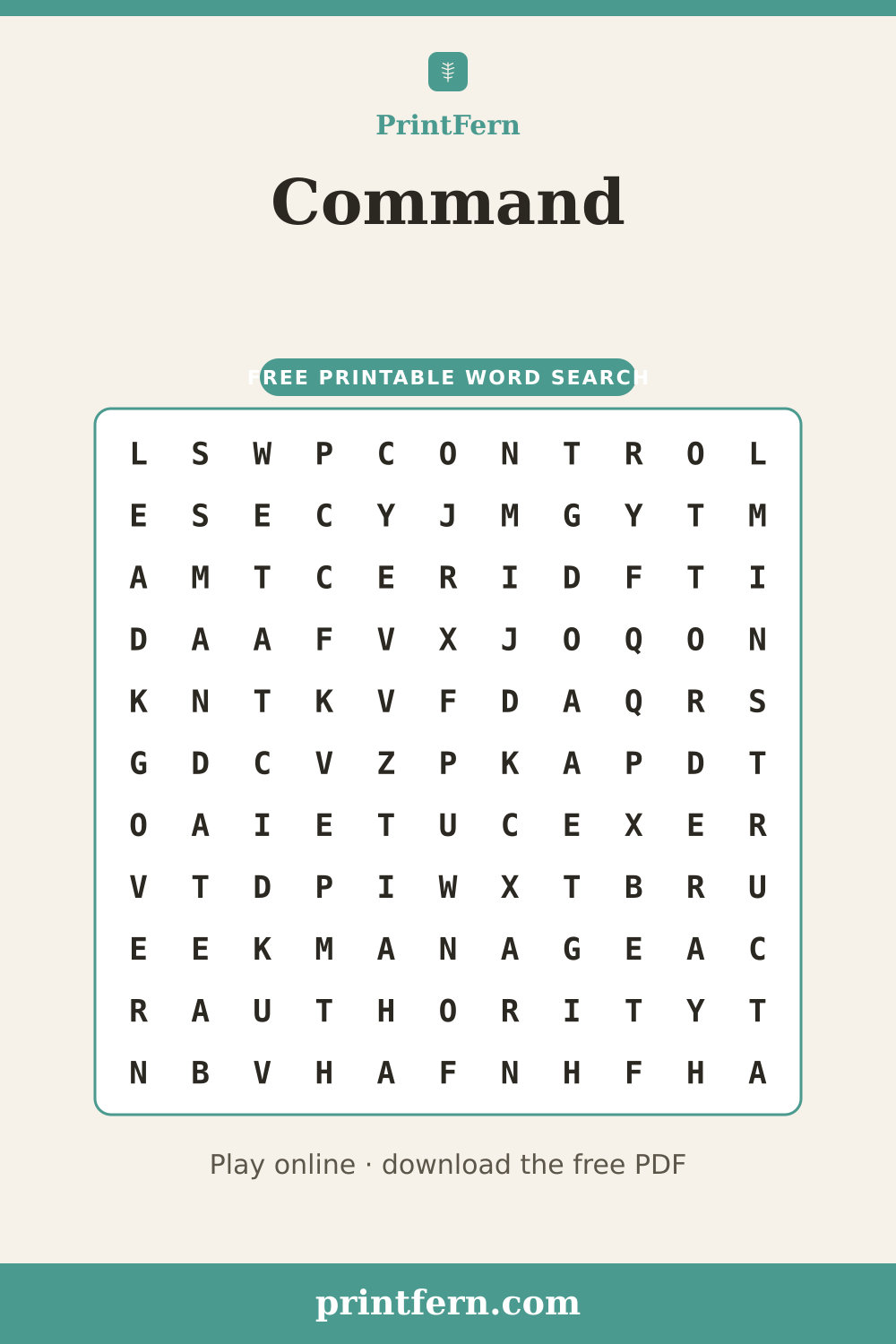 Command Word Search, free printable PDF preview
