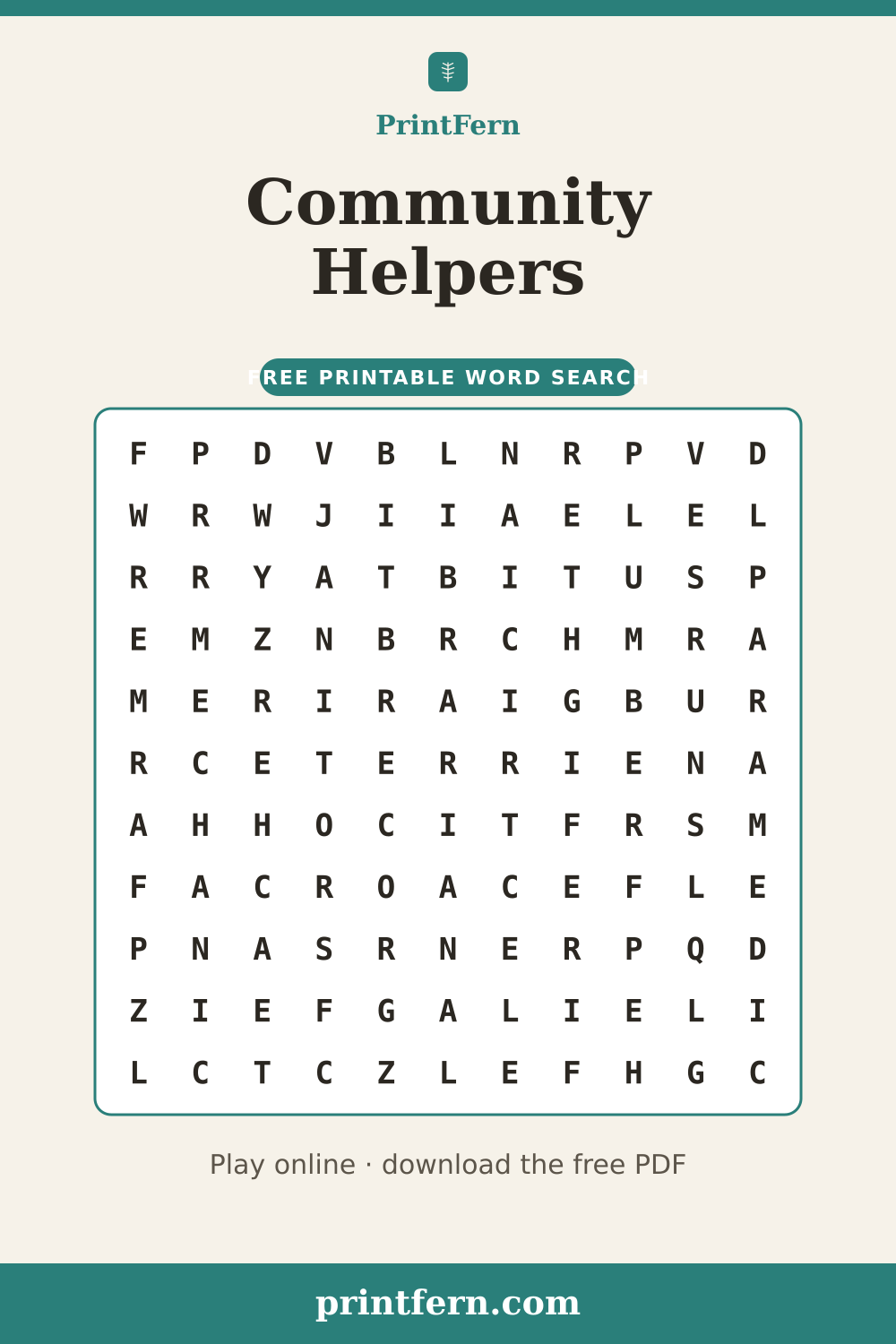 Community Helpers Word Search, free printable PDF preview