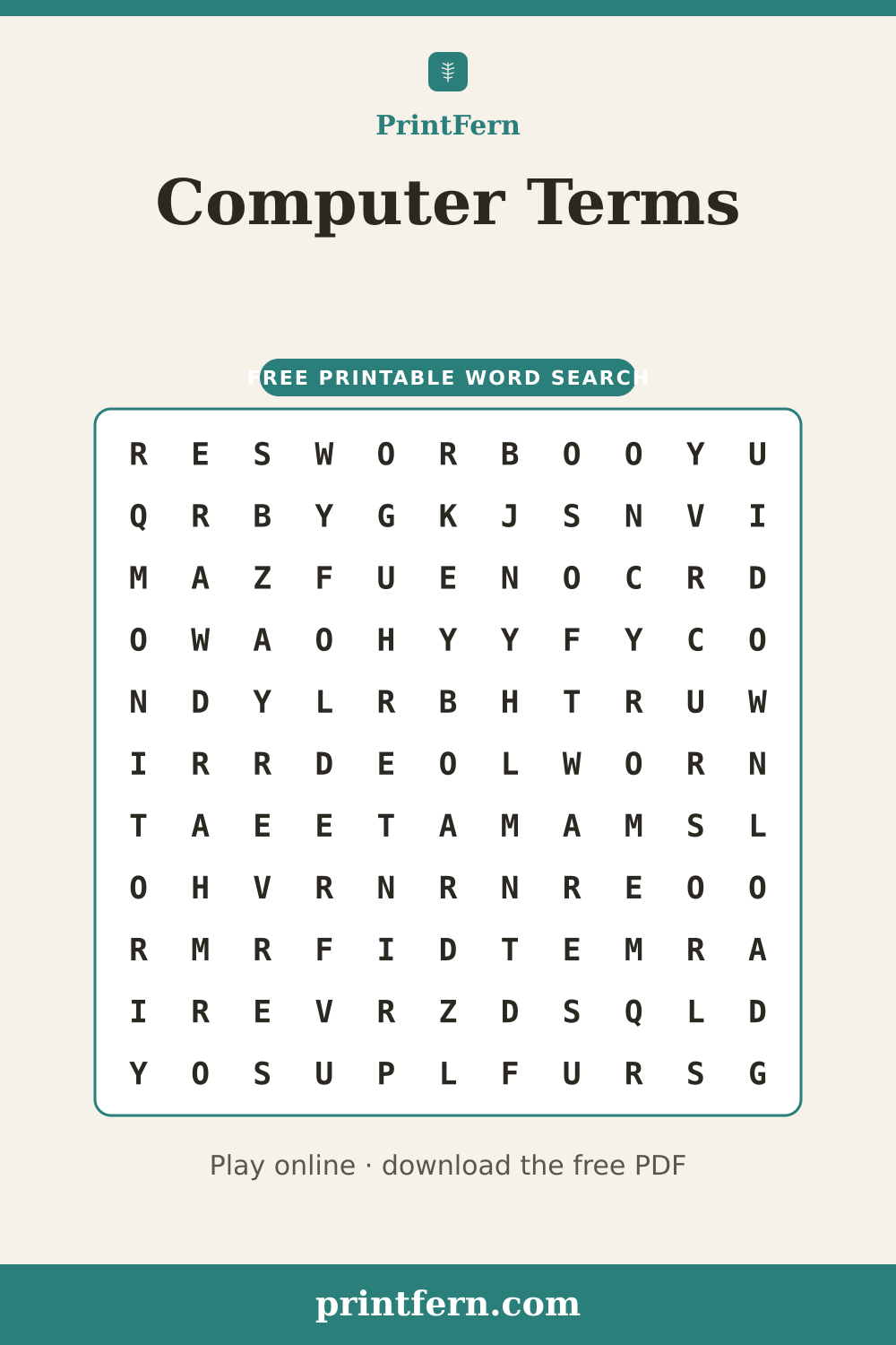 Computer Terms Word Search, free printable PDF preview