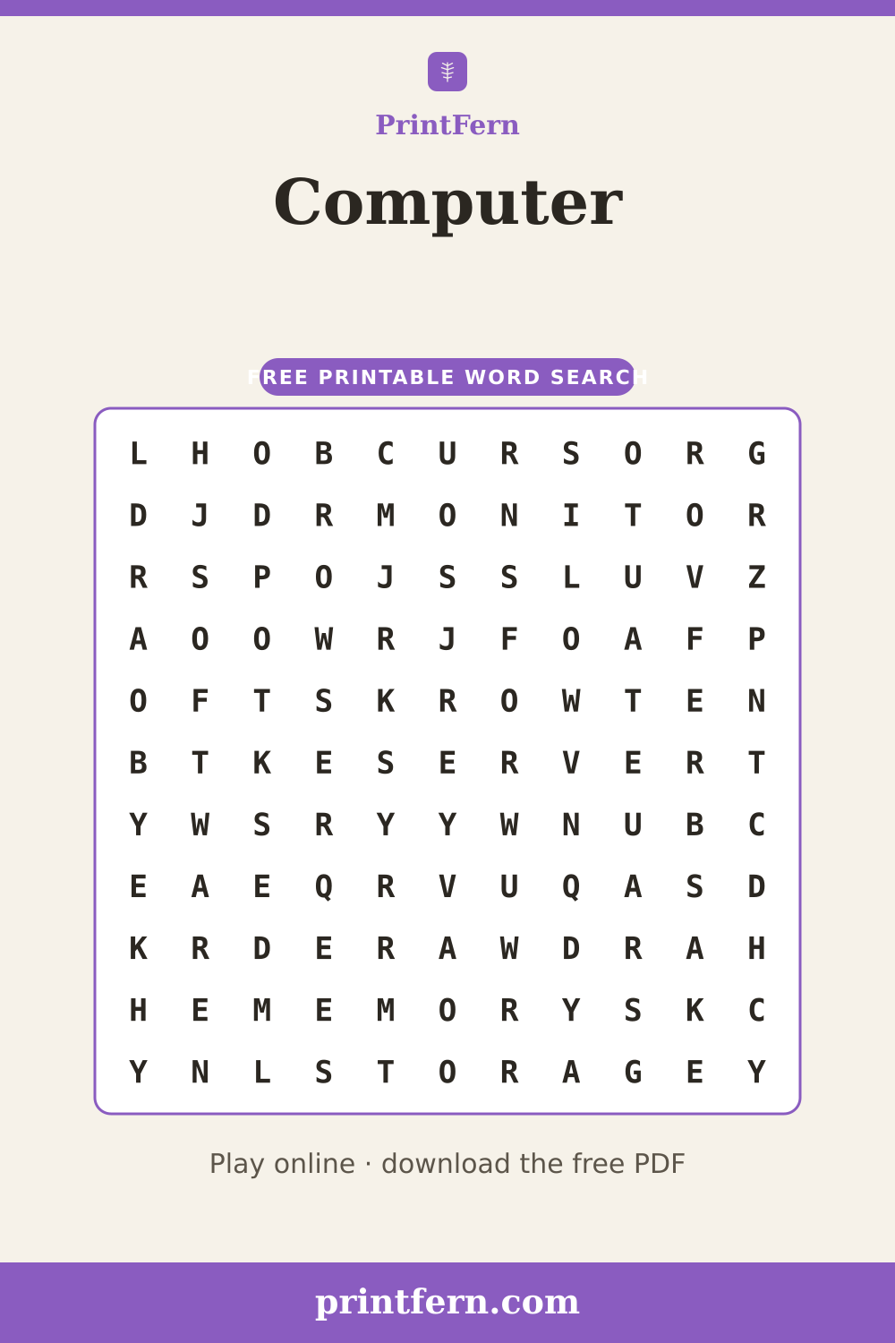 Computer Word Search, free printable PDF preview
