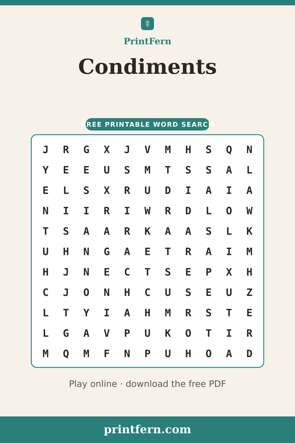 Condiments Word Search, free printable PDF preview