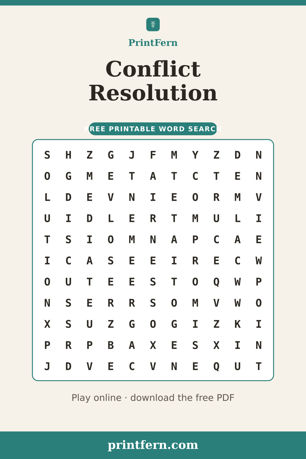 Conflict Resolution Word Search, free printable PDF preview