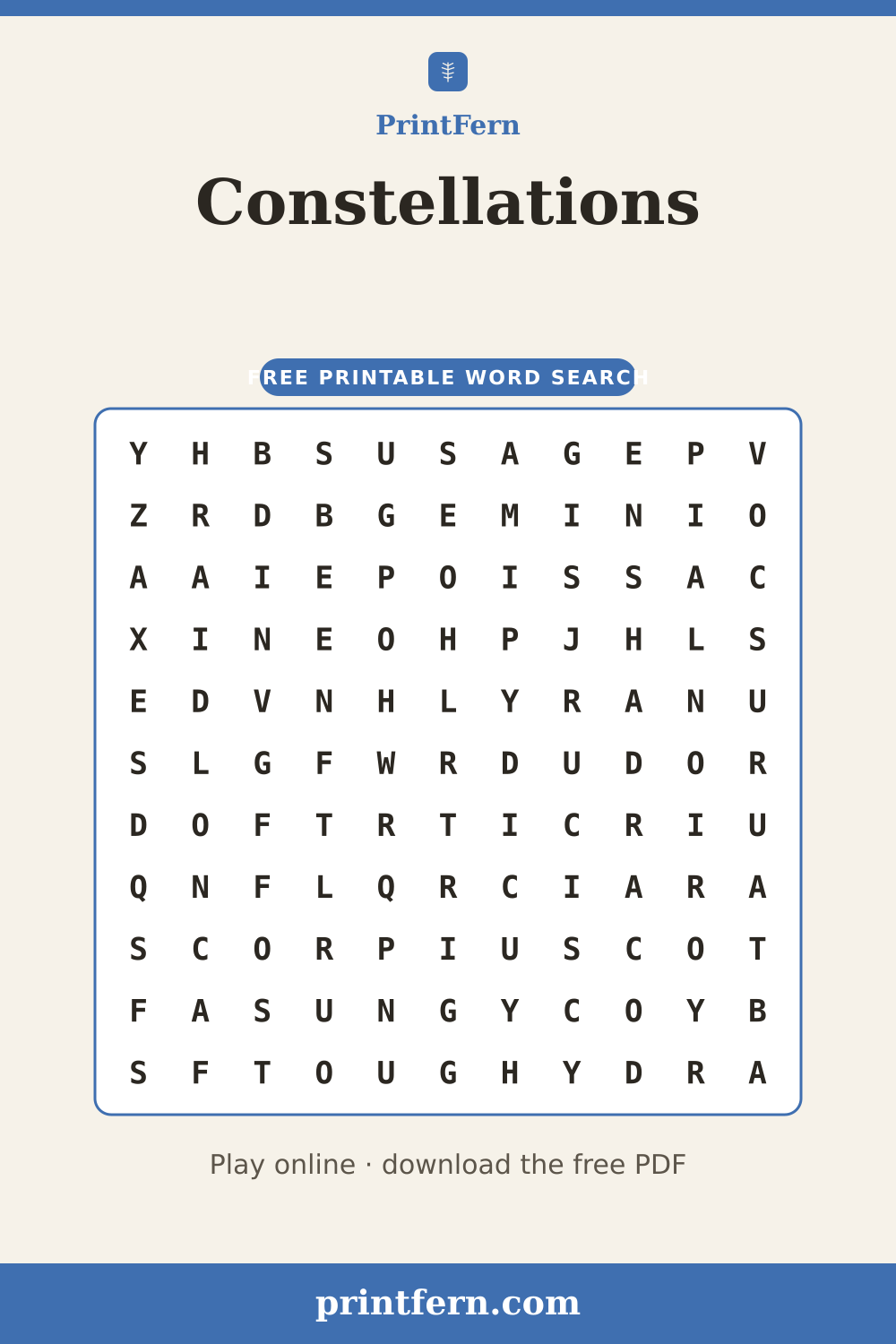 Constellations Word Search, free printable PDF preview