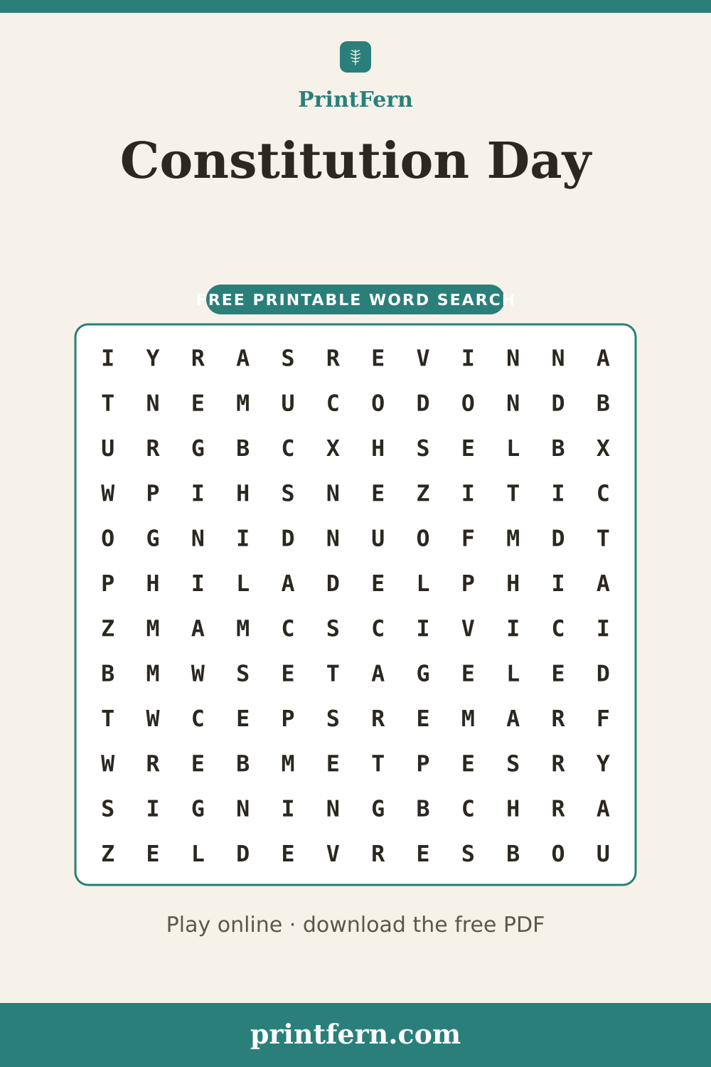 Constitution Day Word Search, free printable PDF preview