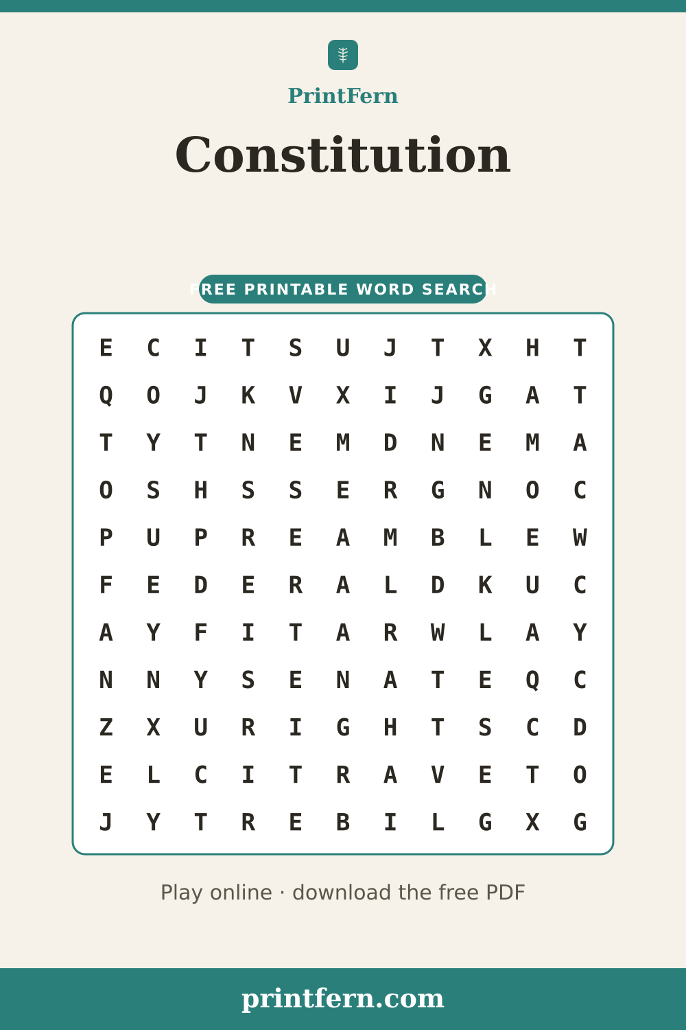 Constitution Word Search, free printable PDF preview
