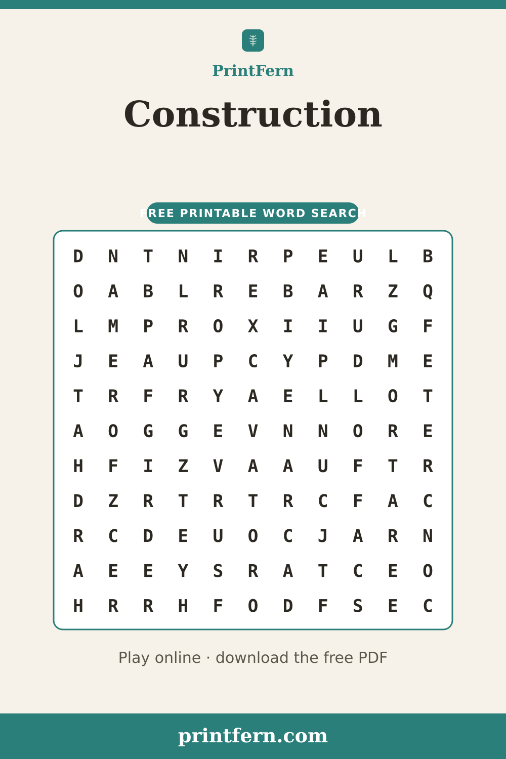 Construction Word Search, free printable PDF preview