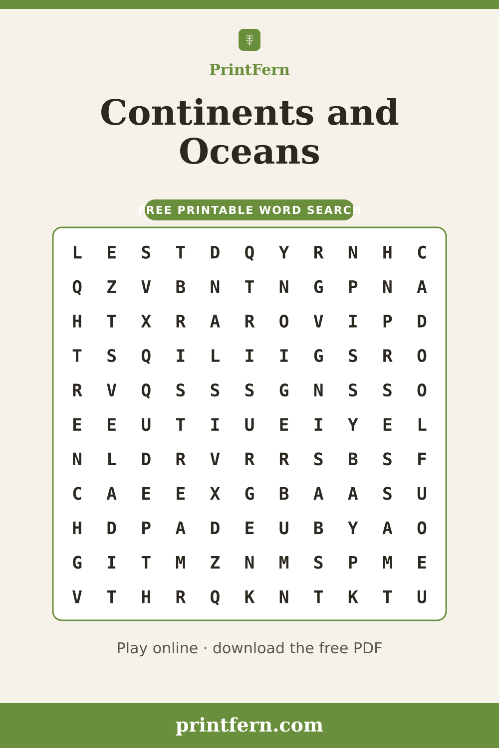 Continents and Oceans Word Search, free printable PDF preview