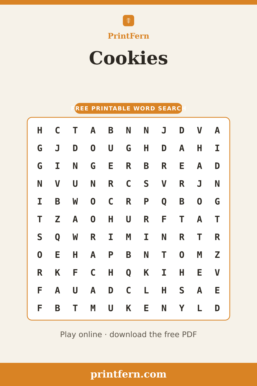Cookies Word Search, free printable PDF preview