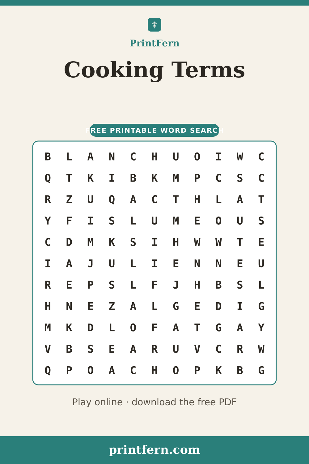 Cooking Terms Word Search, free printable PDF preview