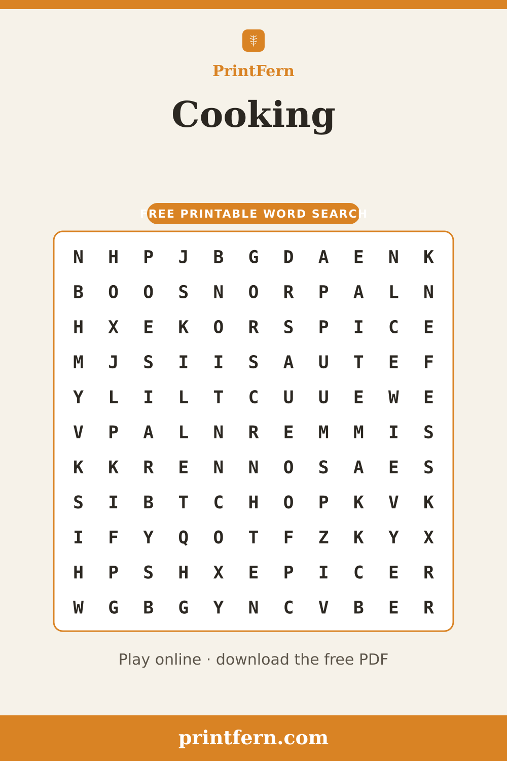 Cooking Word Search, free printable PDF preview