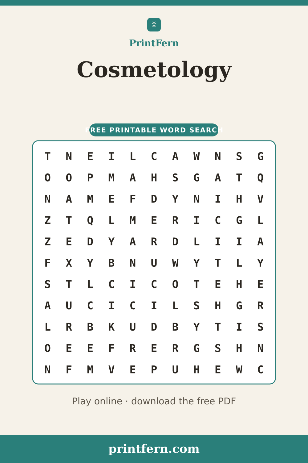 Cosmetology Word Search, free printable PDF preview
