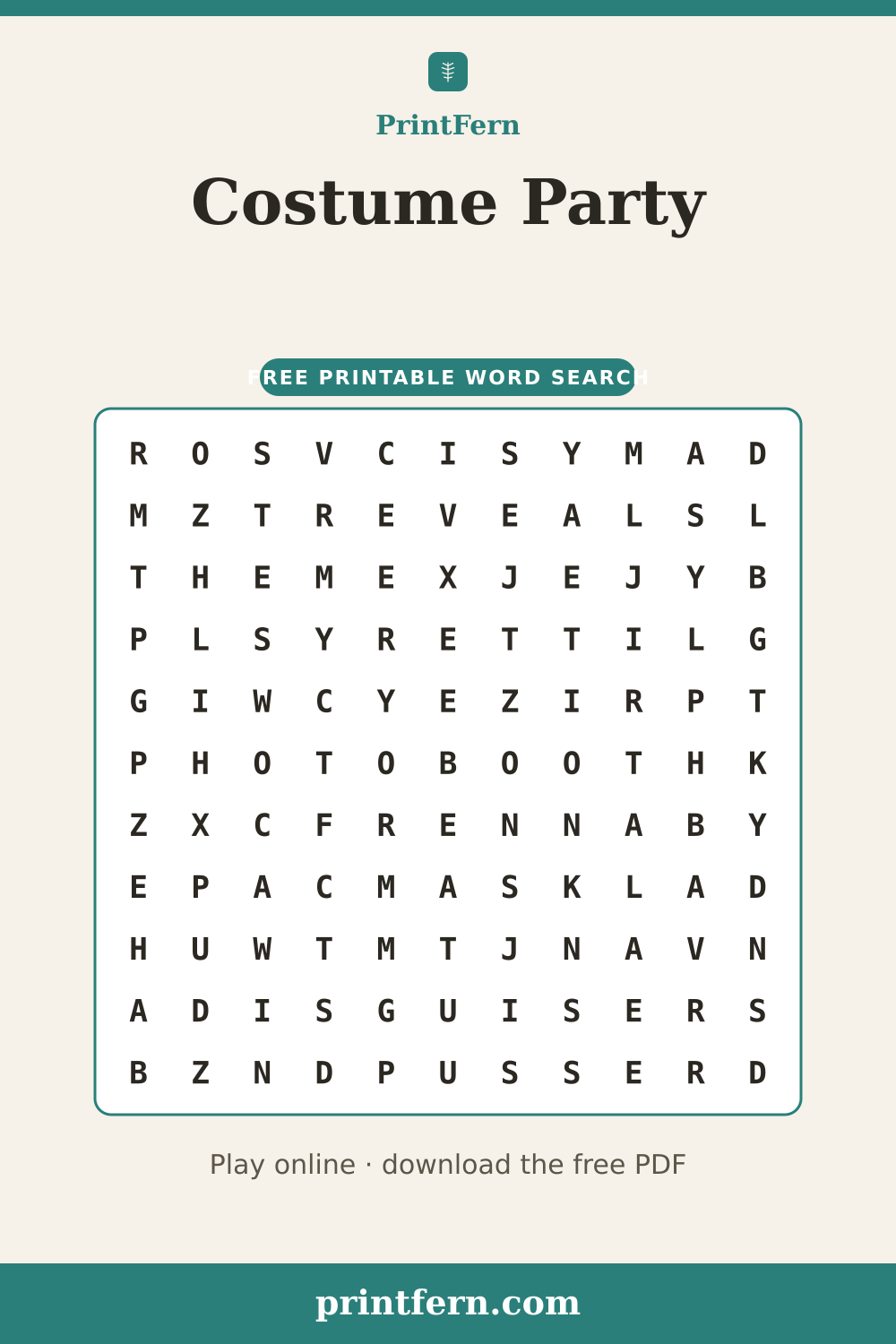 Costume Party Word Search, free printable PDF preview