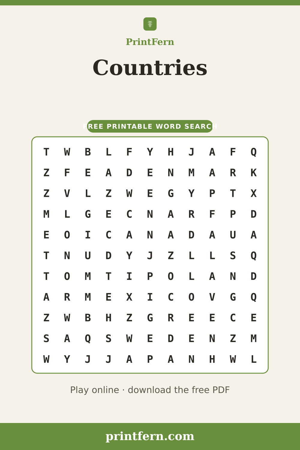 Countries Word Search, free printable PDF preview