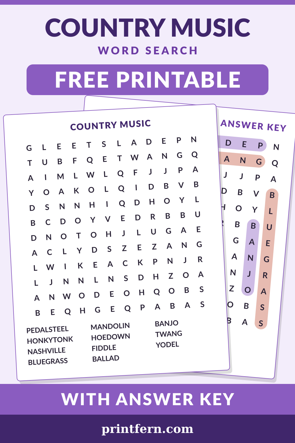 Country Music Word Search, free printable PDF preview