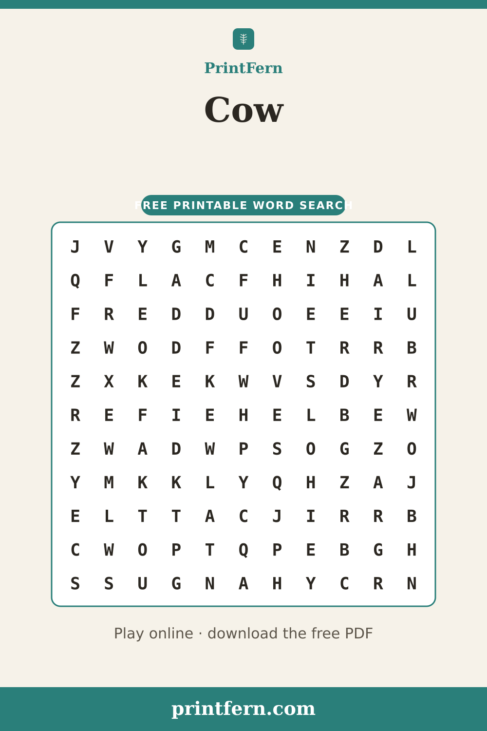 Cow Word Search, free printable PDF preview