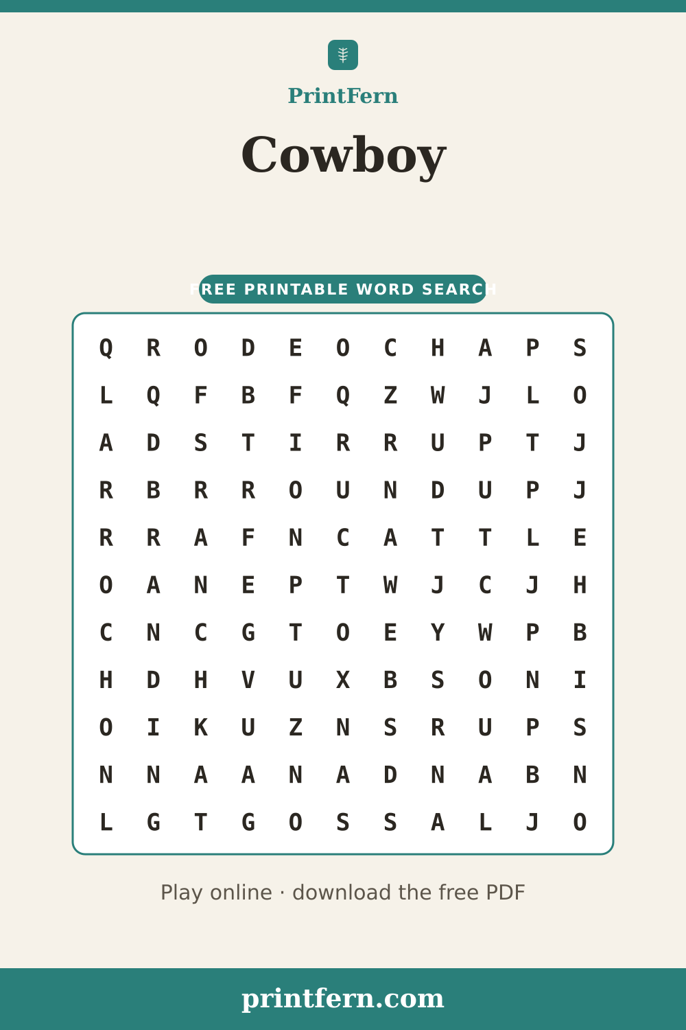 Cowboy Word Search, free printable PDF preview